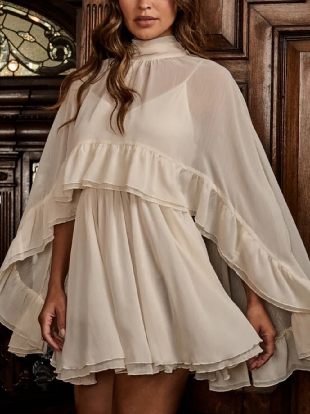 Altar'd State Cream Ruffle Capelet Mini Dress